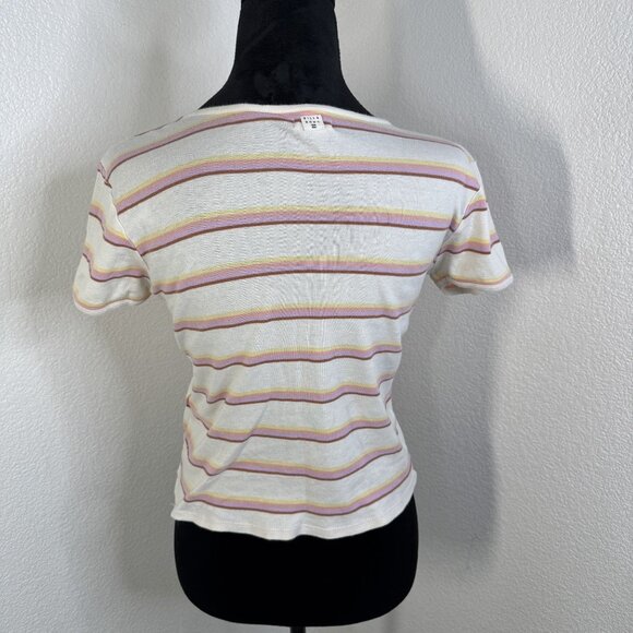 Billabong Womens Striped Short Sleeve Crewneck Top Size L White With Pink Yellow - Picture 3 of 5
